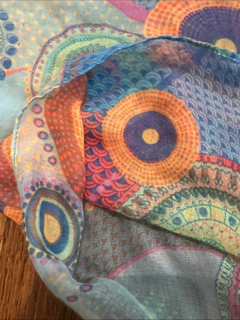 Colorful Circular Pattern Lightweight Infinity Scarf - Blue & Orange - Picture 6 of 6